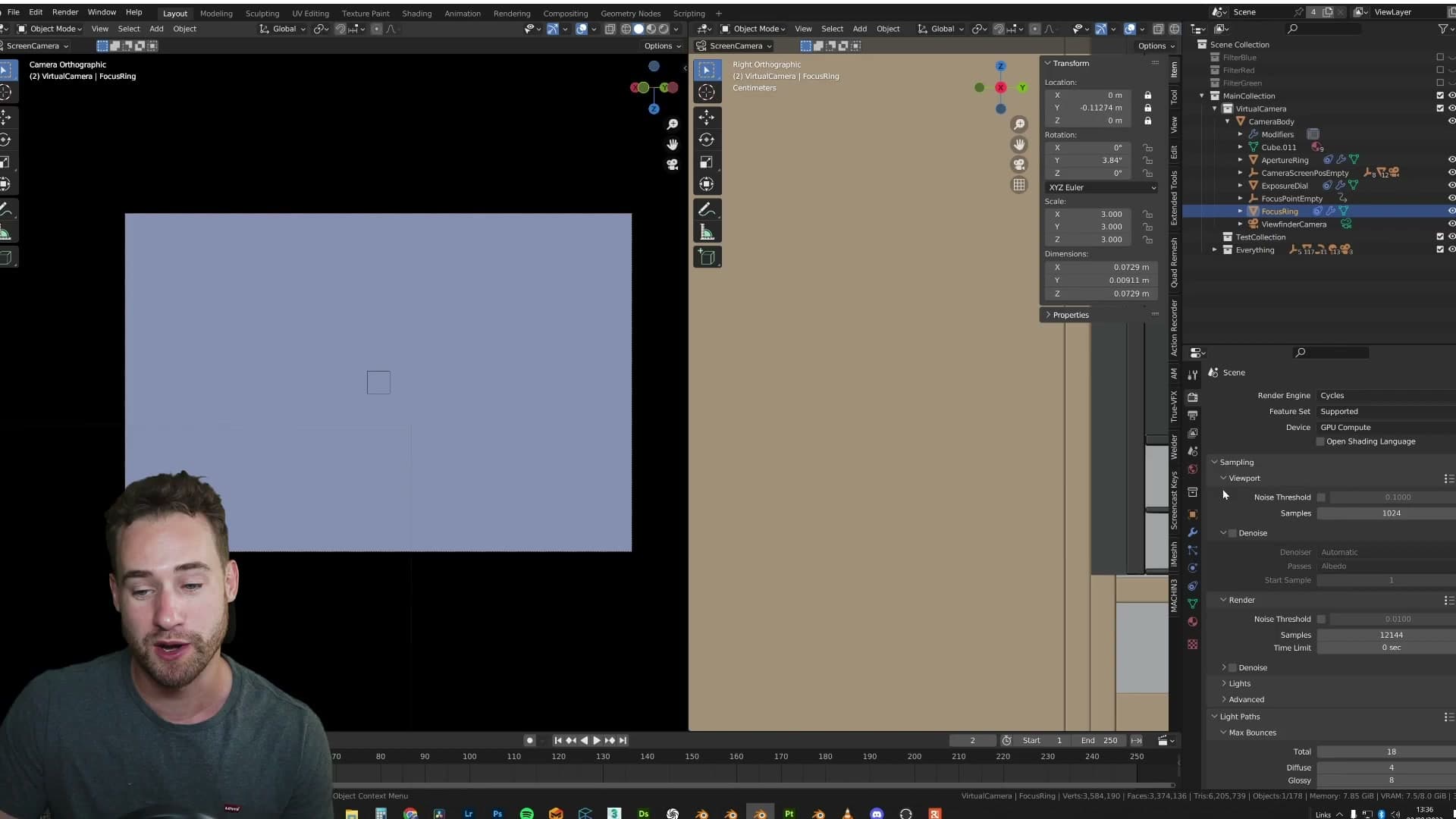 Cycles sample count set to 12,000 with no noise threshold: roughly a three-hour render, with 28,000 needed for a properly clean frame.