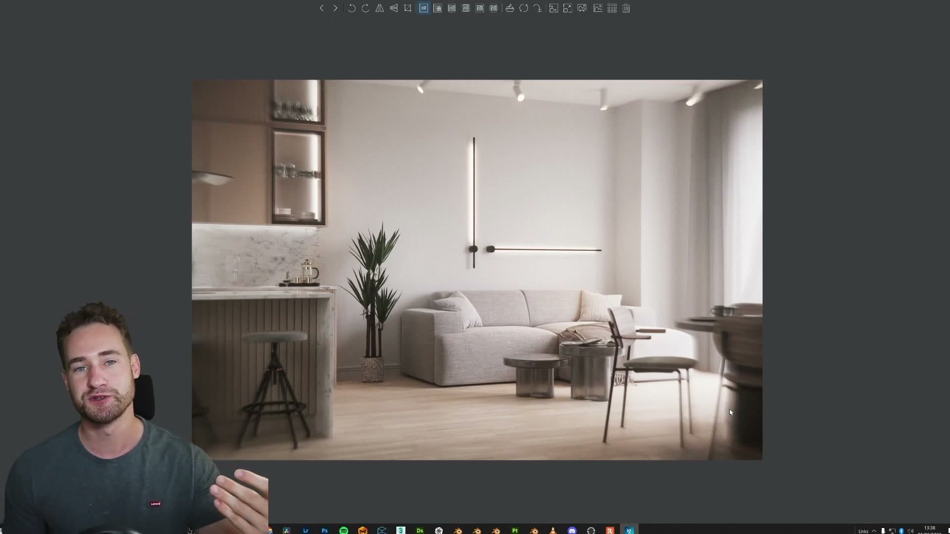 First finished render: the lamp throws a soft, natural glare and the edges of the frame show subtle barrel distortion, all produced by the lens itself.