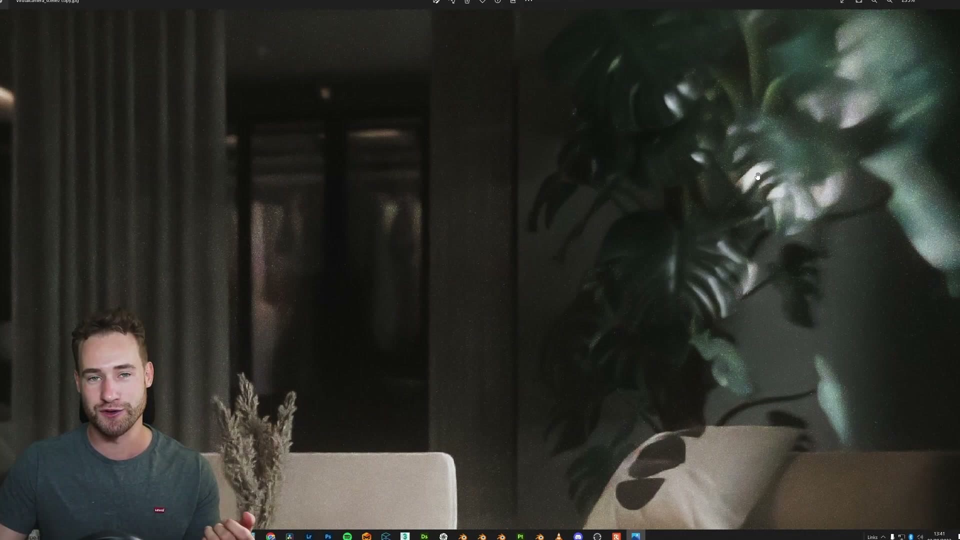 Masterclass interior rendered through the physical camera: strong lens glare blooms across the plant and frame edge.