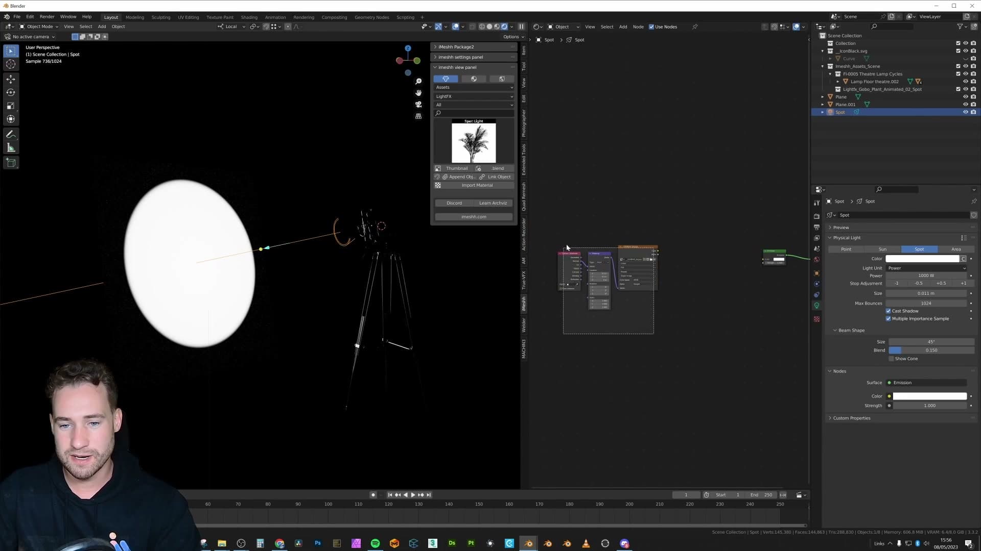 The spotlight's node tree: a black-and-white image texture fed into Emission strength, with a Texture Coordinates node driving the Vector input.