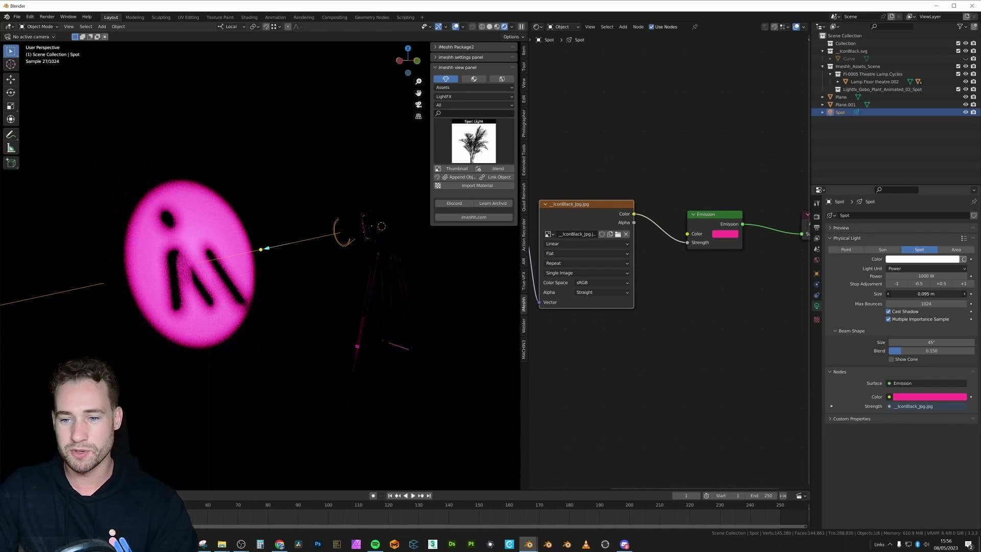 Increasing the spotlight Size value blurs the projection naturally. It works like the focus dial you'd get from moving a real cutout, but with no extra geometry.