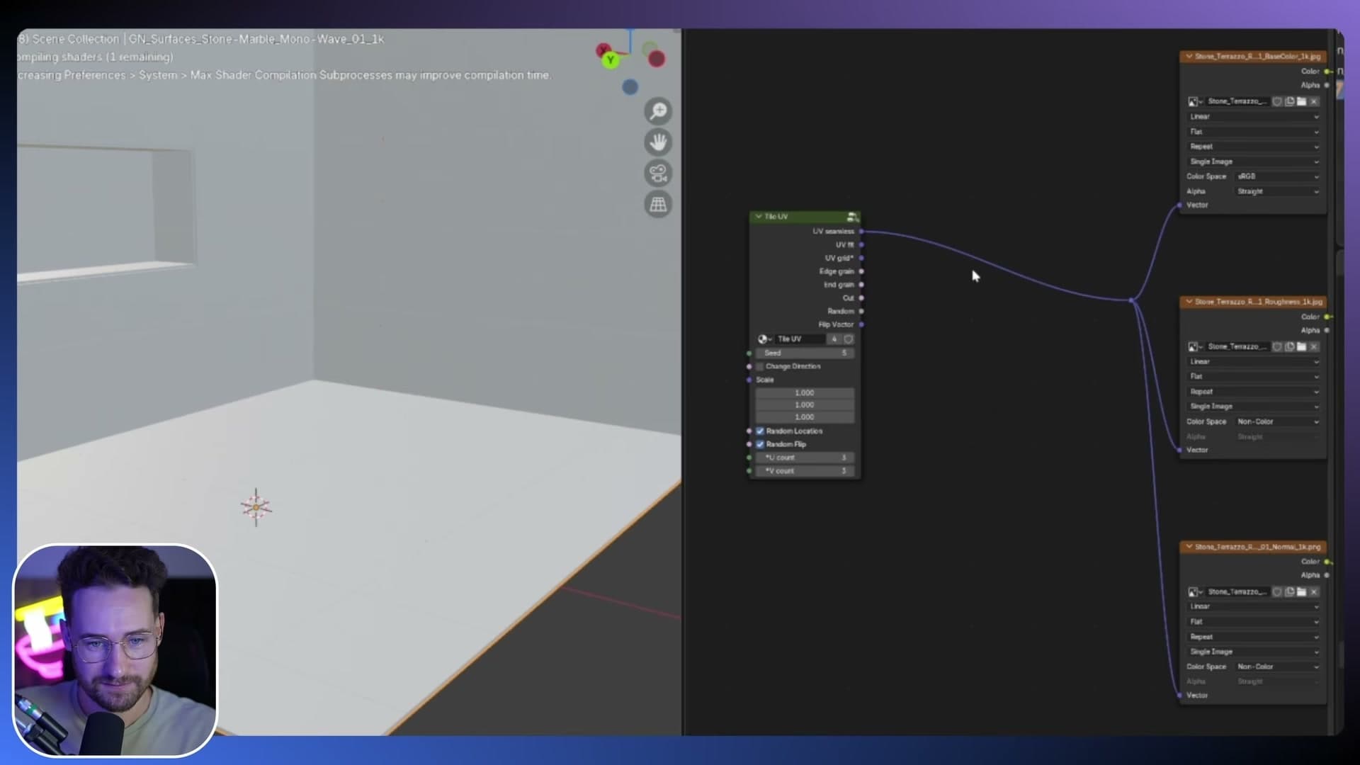 Tiling texture node wired into the UV Seamless input on the shader.