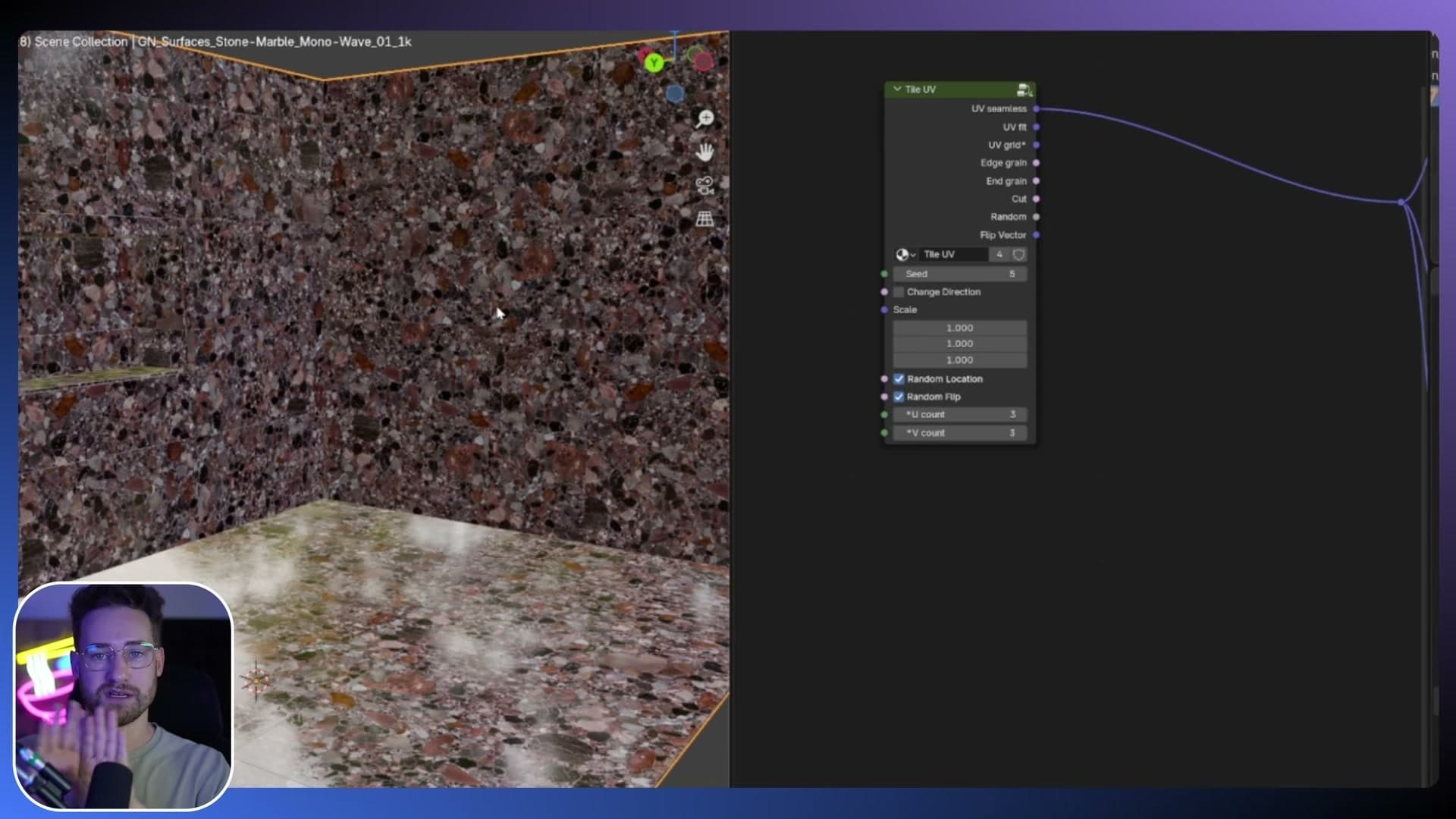 Random Location on: UV offset varies per tile, breaking the obvious repeat.