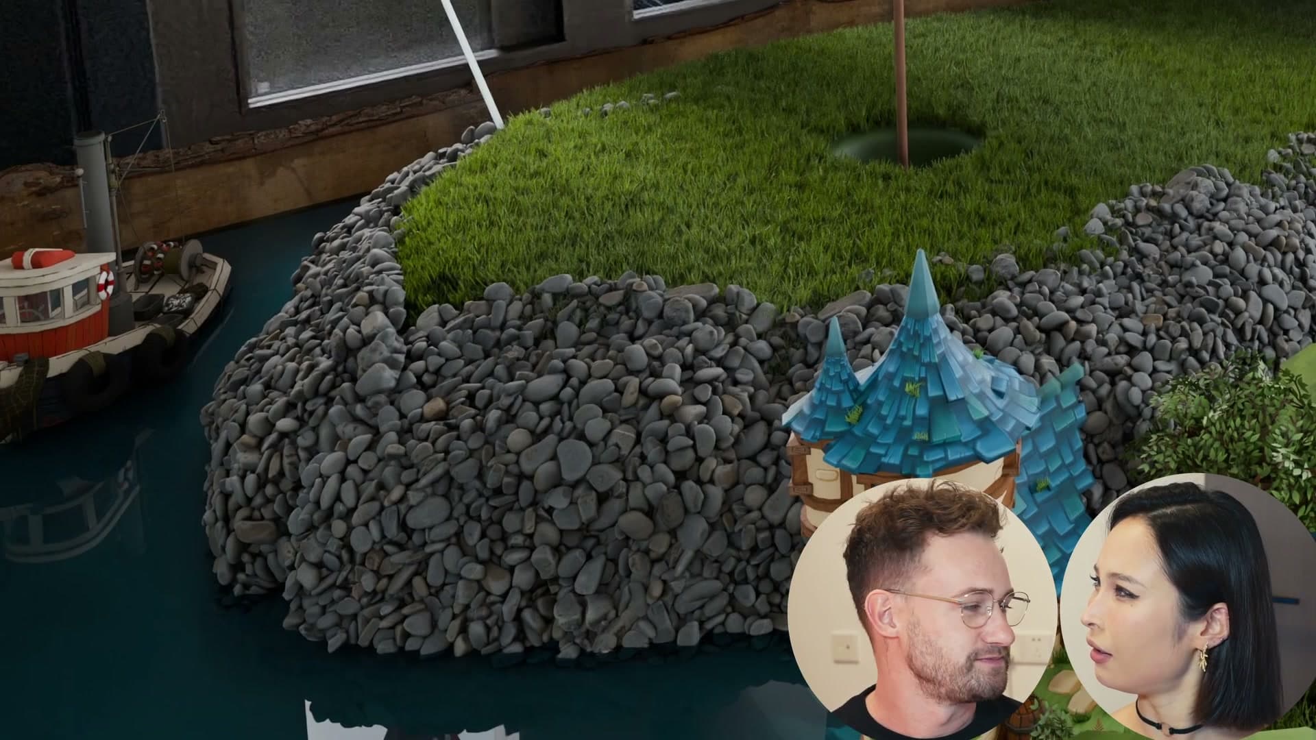 The wooden retaining board added behind the water hazard: exactly the kind of fix 3D lets you test before building it.