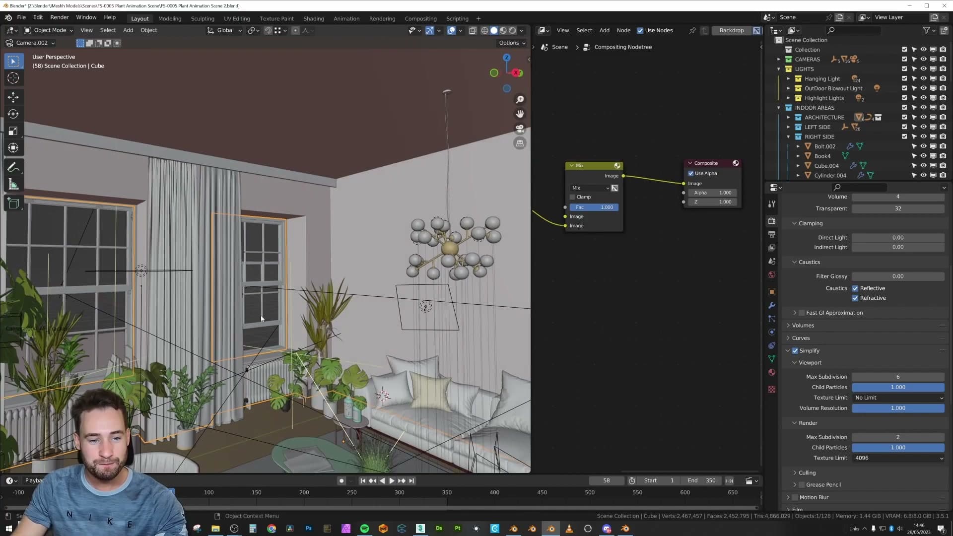 My archviz scene with Face Orientation always enabled. Only the faces with flipped normals carry a faint red hue; the rest of the scene reads normally.