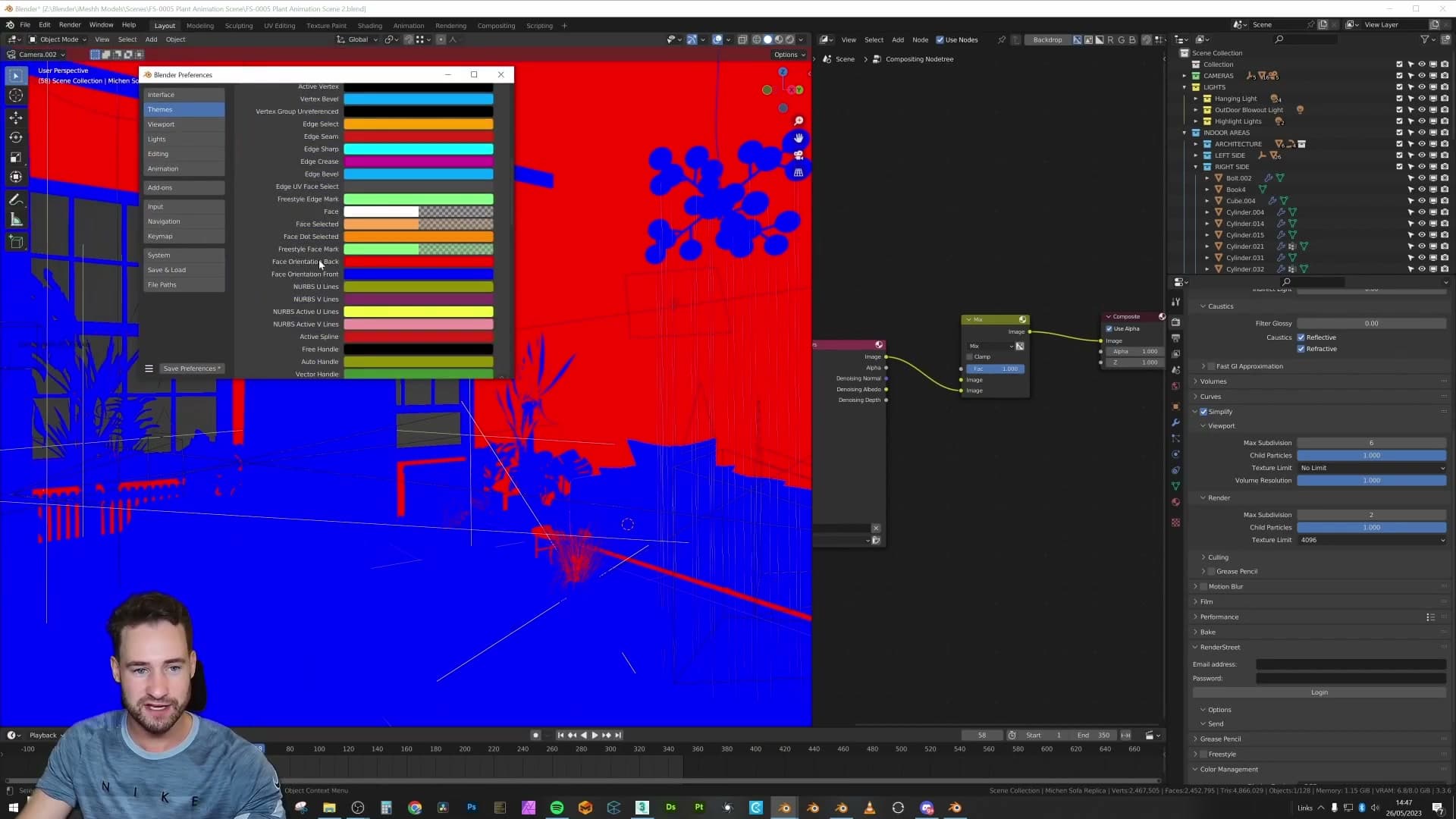 Edit → Preferences → Themes → 3D Viewport, scrolled down to the Face Orientation Front and Face Orientation Back colour swatches.