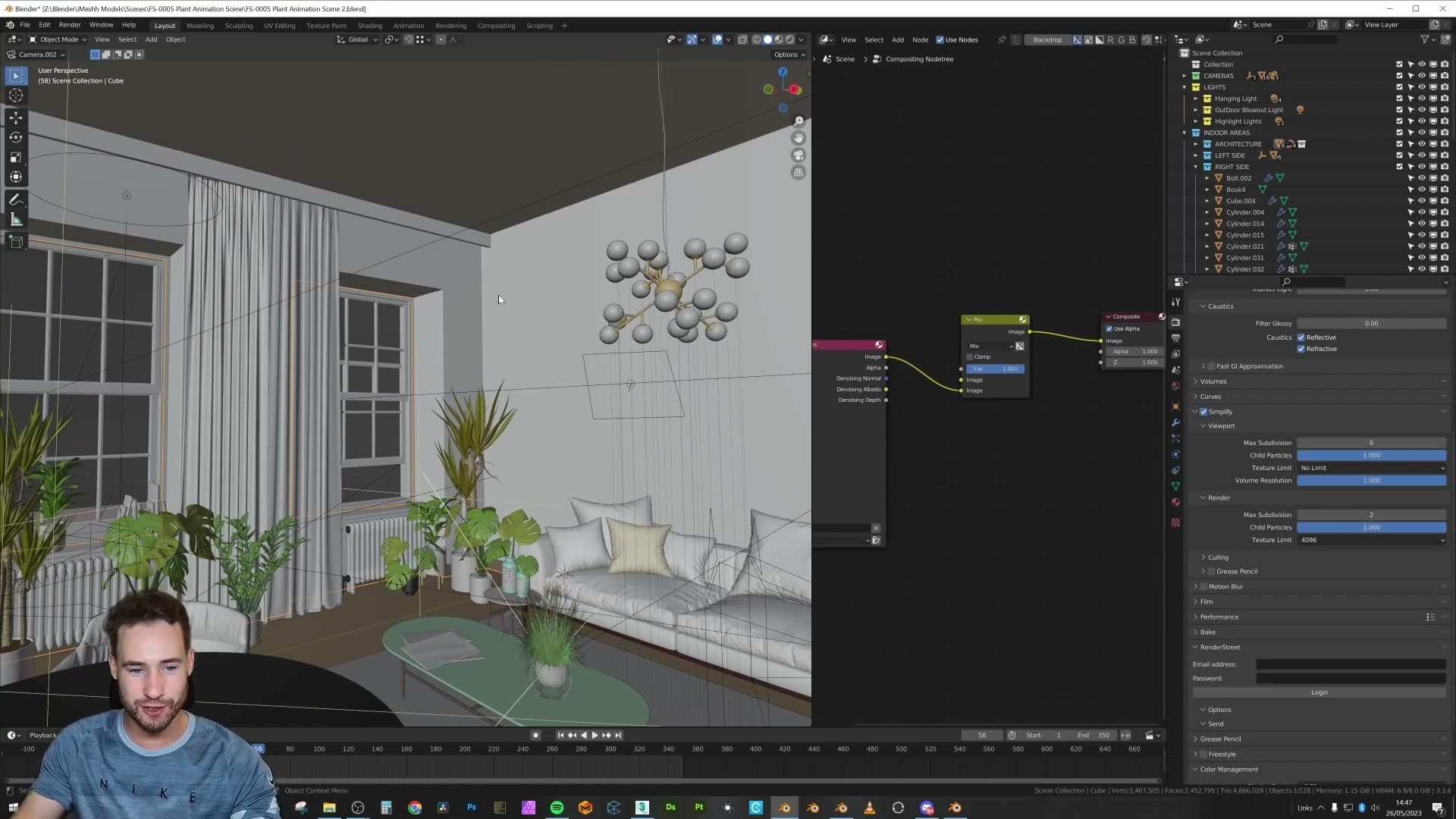 After pressing Shift+N to recalculate outside, the red tint disappears from the wall. Normals are now facing the room.