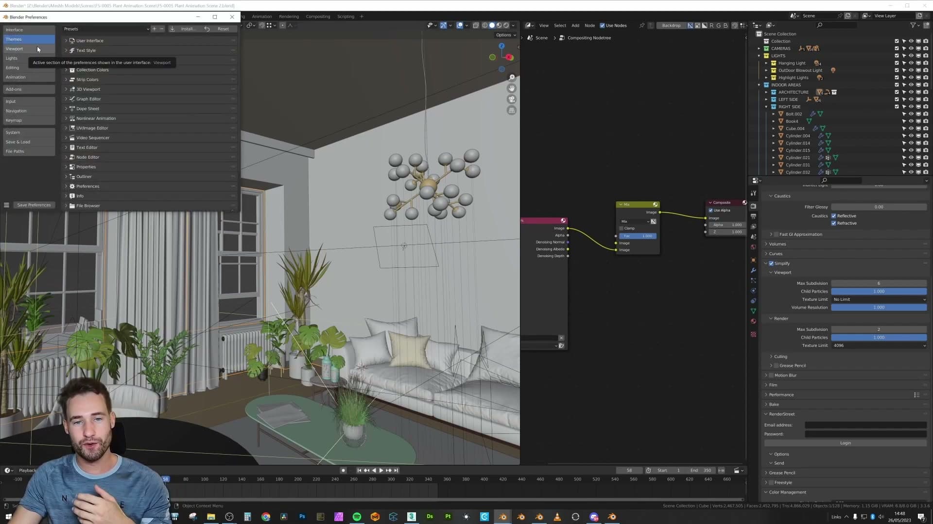 An imported plant in the same scene also carries a faint red tint on a few leaves, exactly the kind of issue that hides until rendering without an always-on overlay.