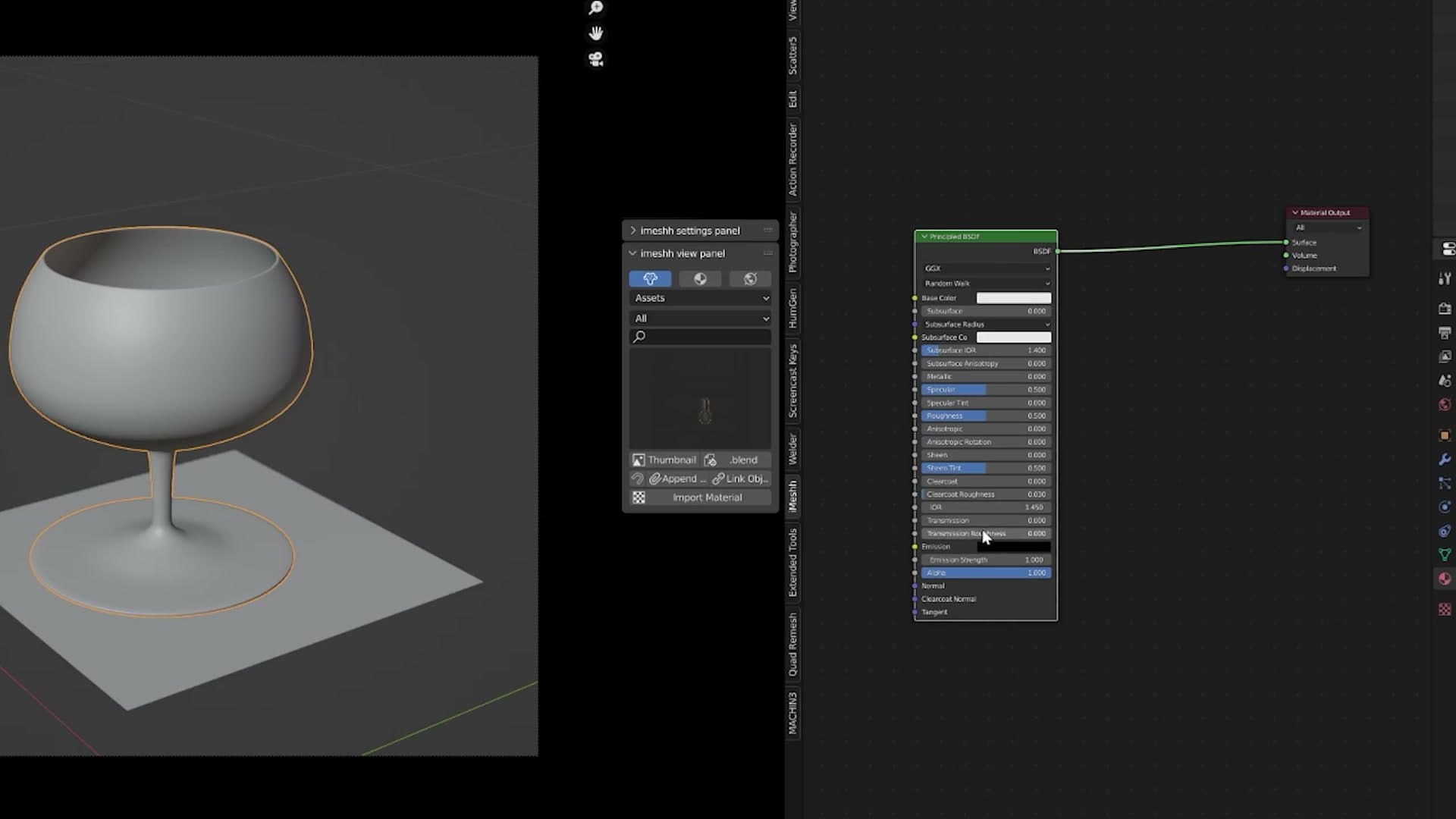 Creating a new 'Advanced Glass' material with a Principled BSDF as the starting shader.