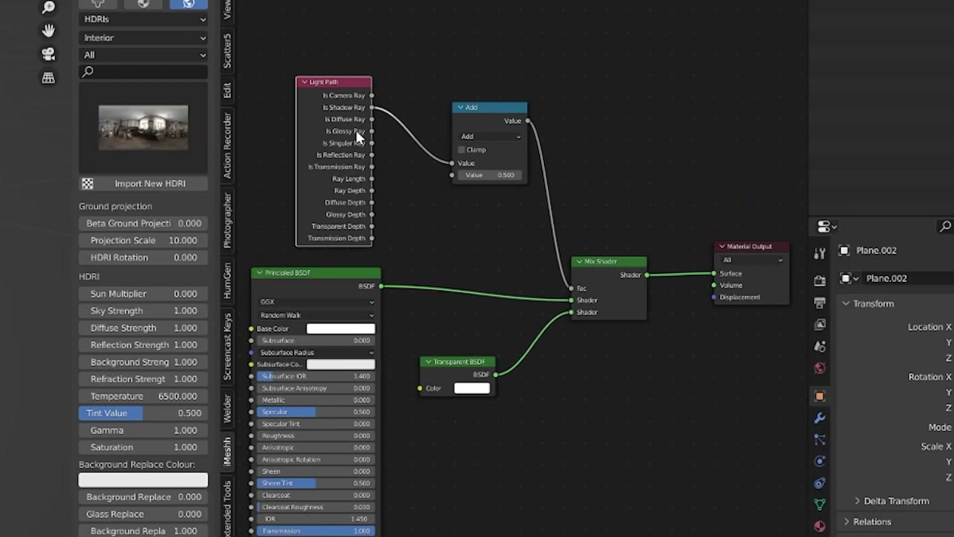 Mix Shader fed by a Transparent BSDF, factored by the Light Path's Shadow Ray output.