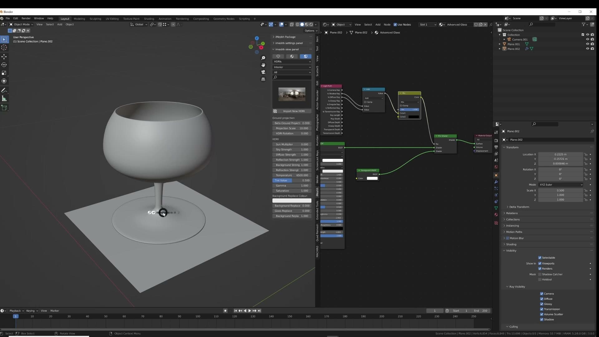 Shadow Ray and Diffuse Ray combined through an Add node before driving the Mix factor.