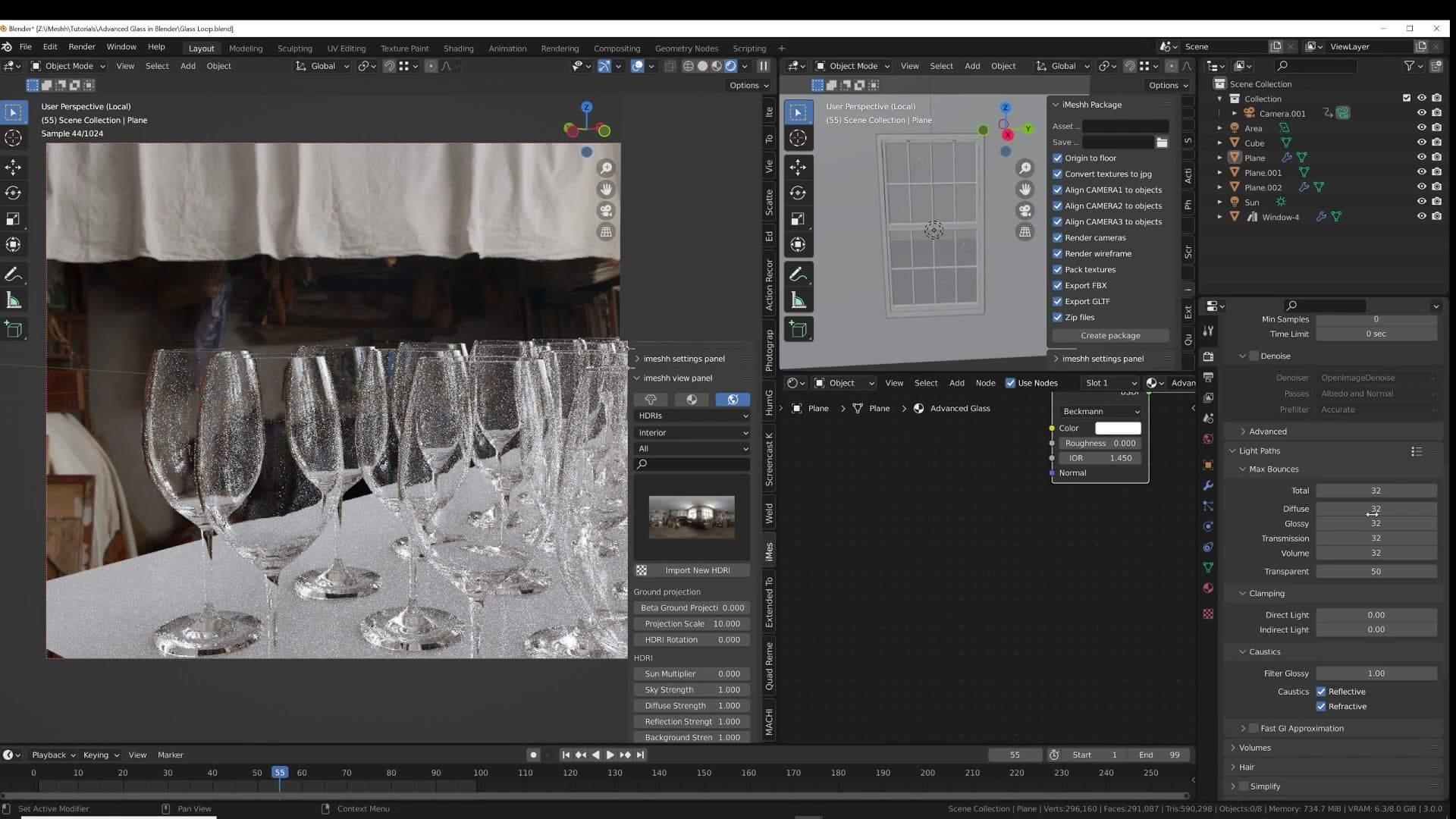 Light paths panel with glossy and transmission set to 32 and transparency at 50.