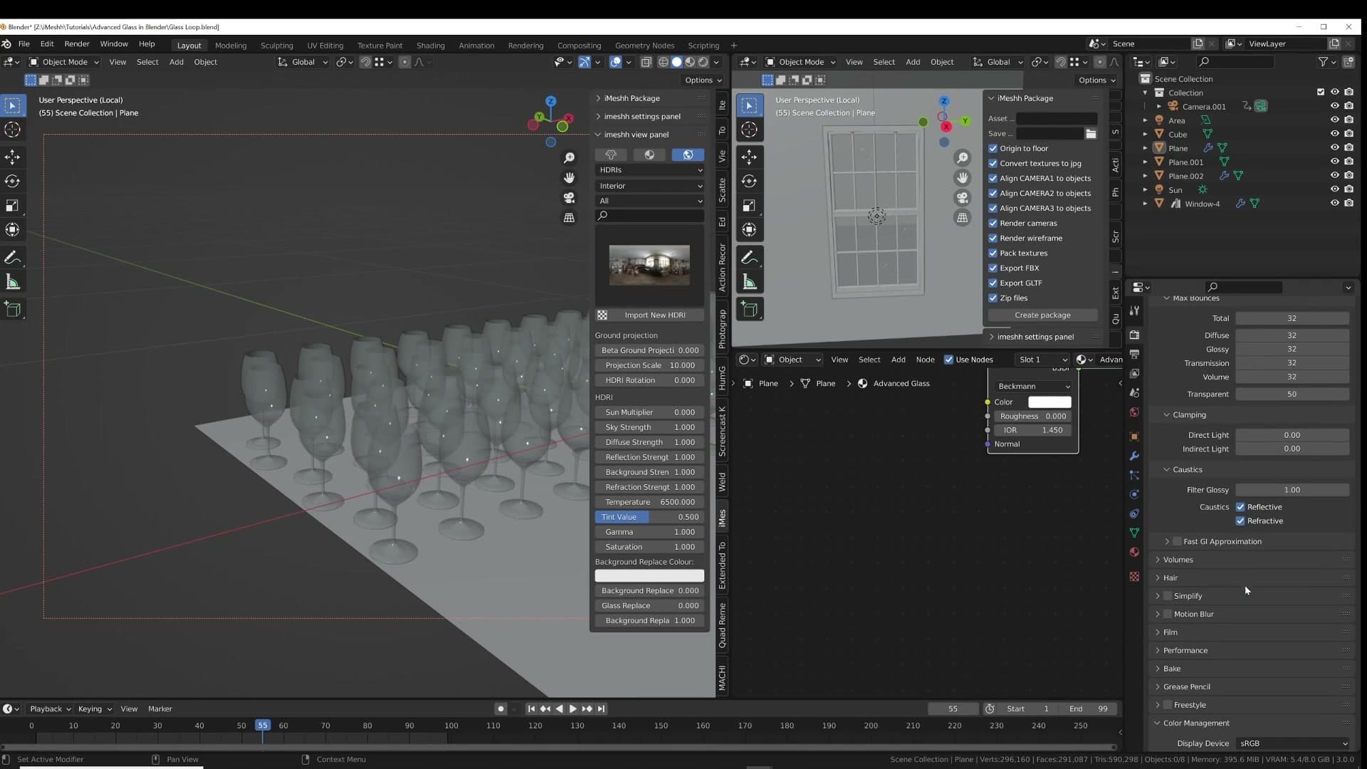 Reflective and refractive caustics enabled; pixel filter width dropped to 1.0 or 1.15 for sharper output.