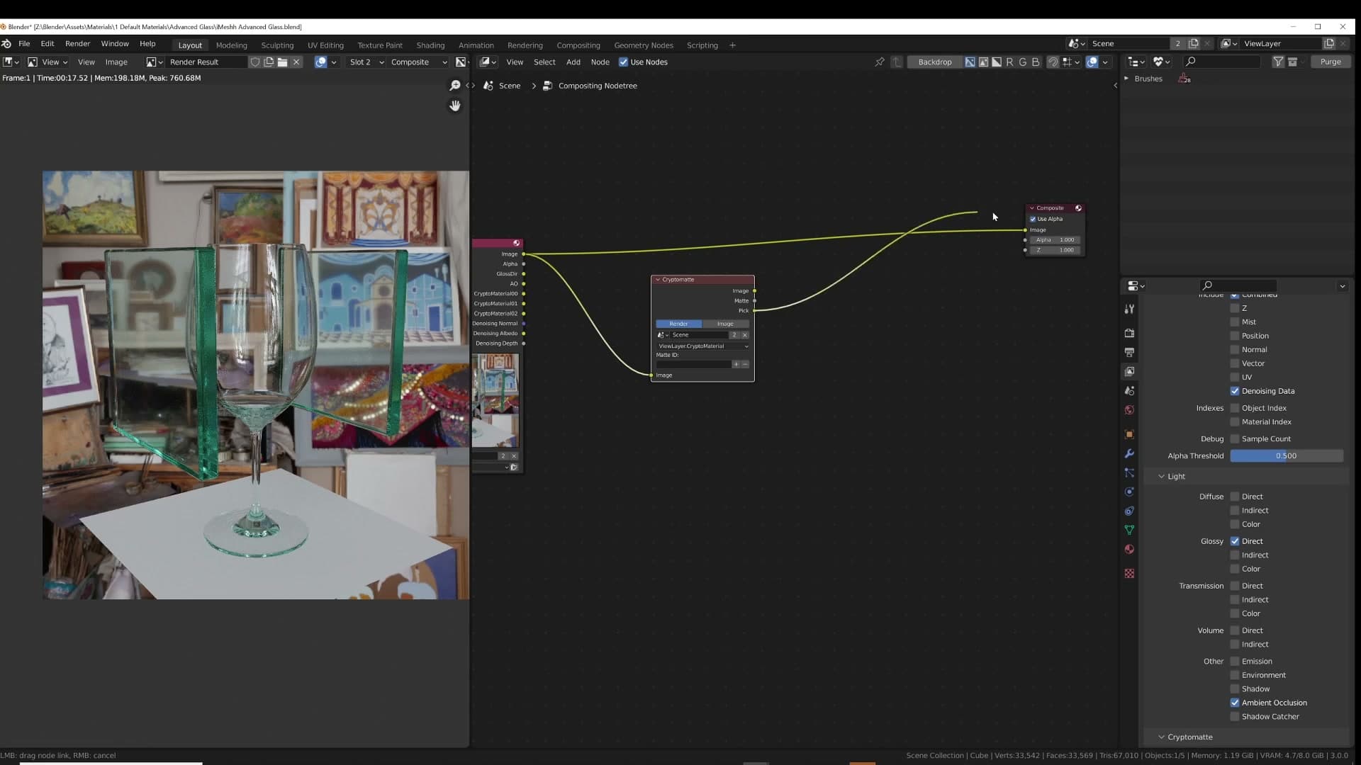 View Layer Properties: Cryptomatte Material and Glossy Direct passes both enabled before render.
