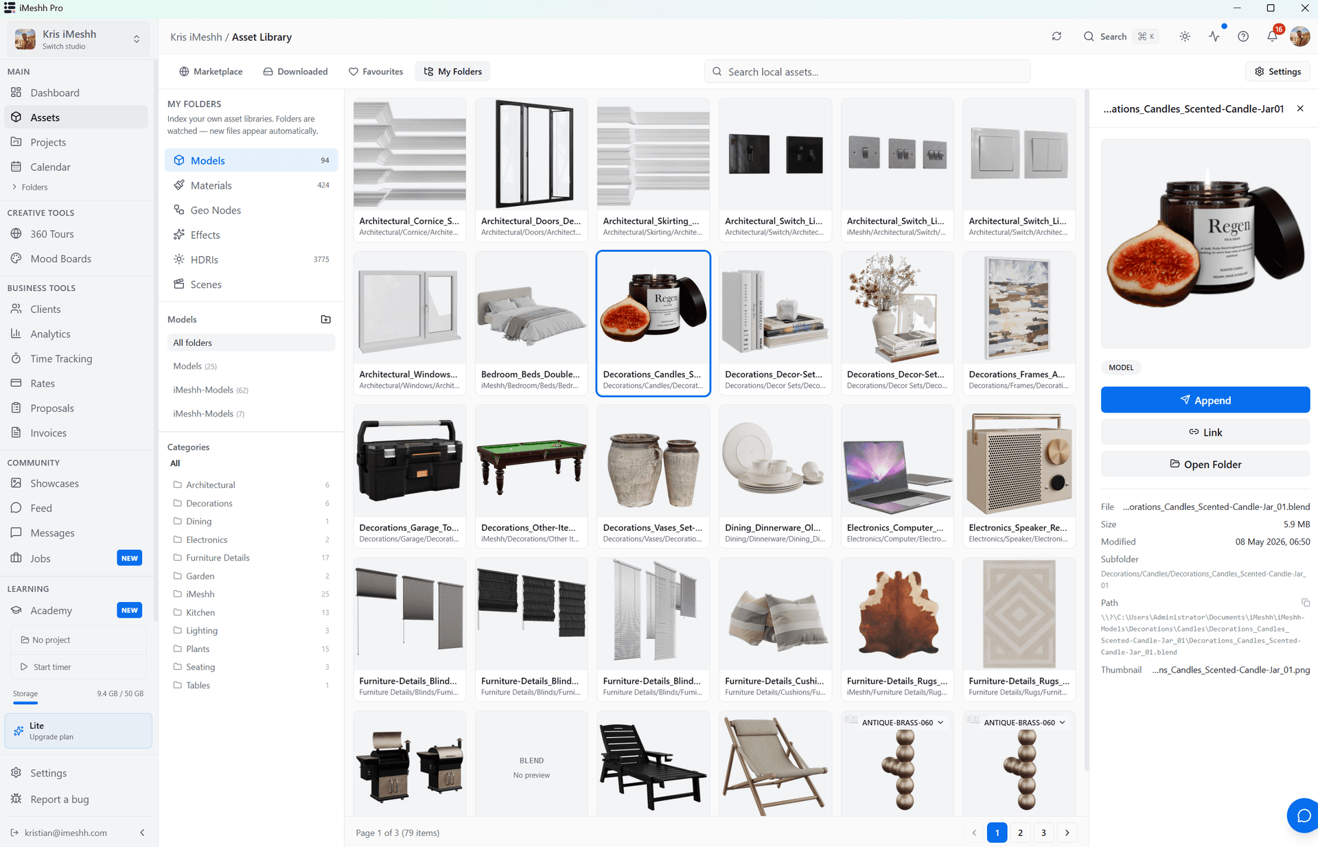 Browsing the iMeshh asset library in the desktop app, with one-click Append into Blender