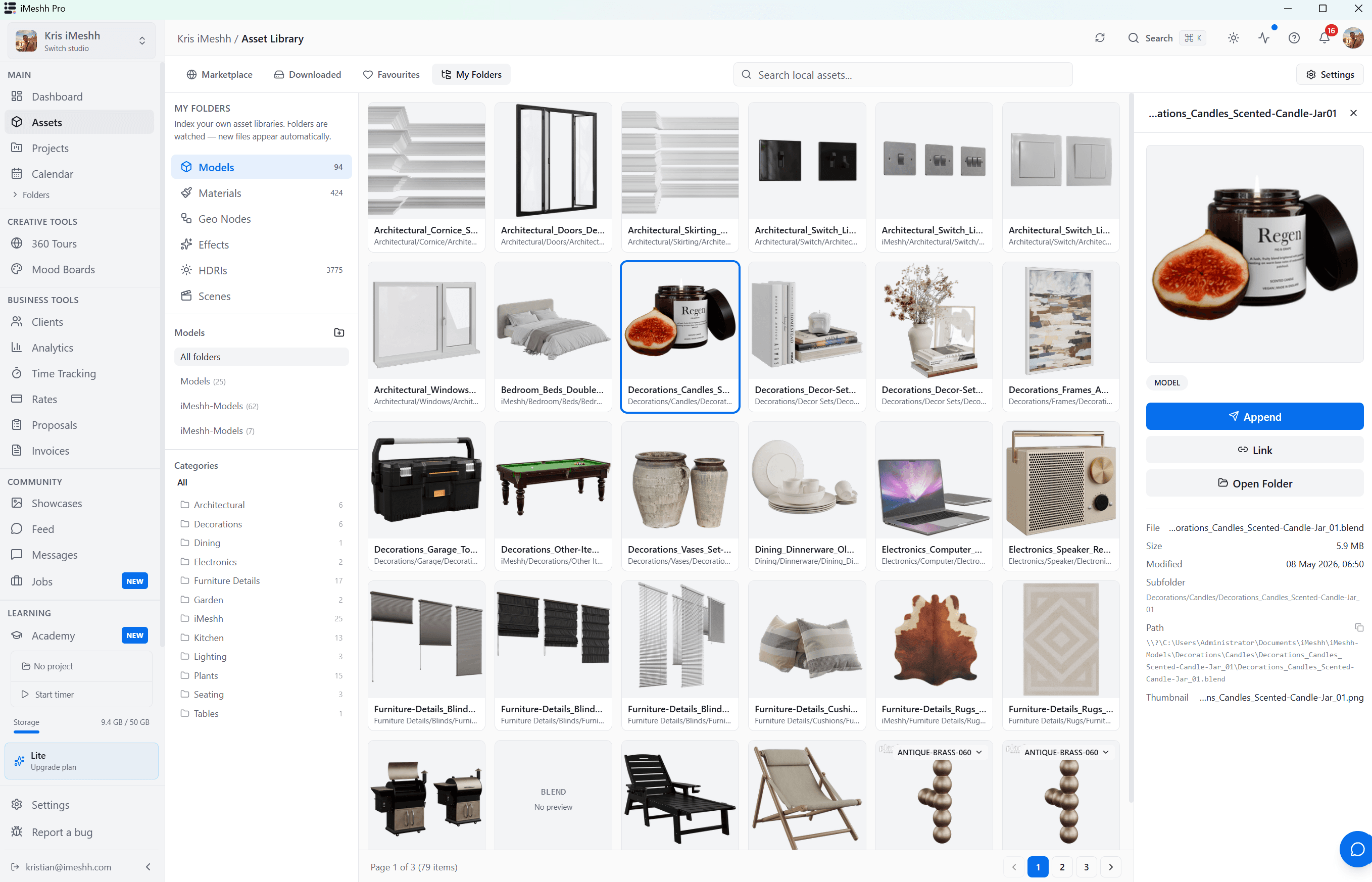 Browsing the iMeshh asset library in the desktop app, with one-click Append into Blender
