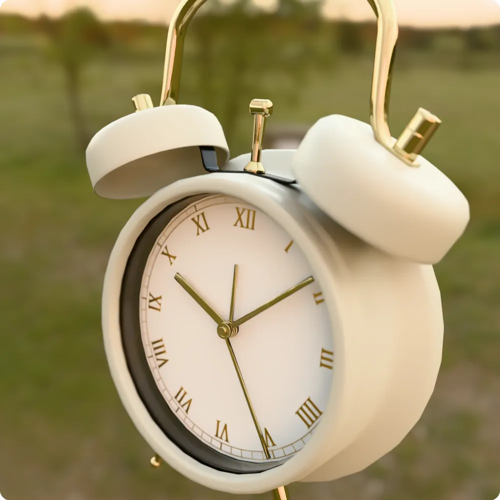 The same alarm clock model path traced in Photoreal mode with soft shadows and depth of field