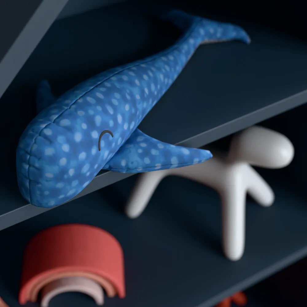 Plush whale shark toy on a dark shelf path traced in the browser with shallow depth of field