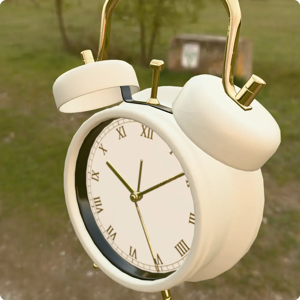 Alarm clock model in the standard raster view of the glTF viewer, lit by a sunset meadow HDRI